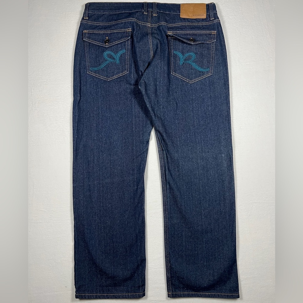 Vintage Y2K Rocawear Baggy Classic Fit Blue Jeans R Embroidered pocket Sz 44x34
